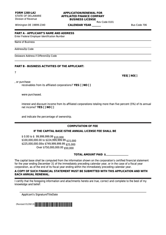 Fillable Form 1268-La2 - Delaware Application/renewal For Affiliated Finance Company Business License Printable pdf