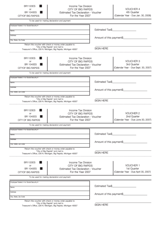 Estimated Tax Declaration Voucher - City Of Big Rapids - 2007 Printable pdf