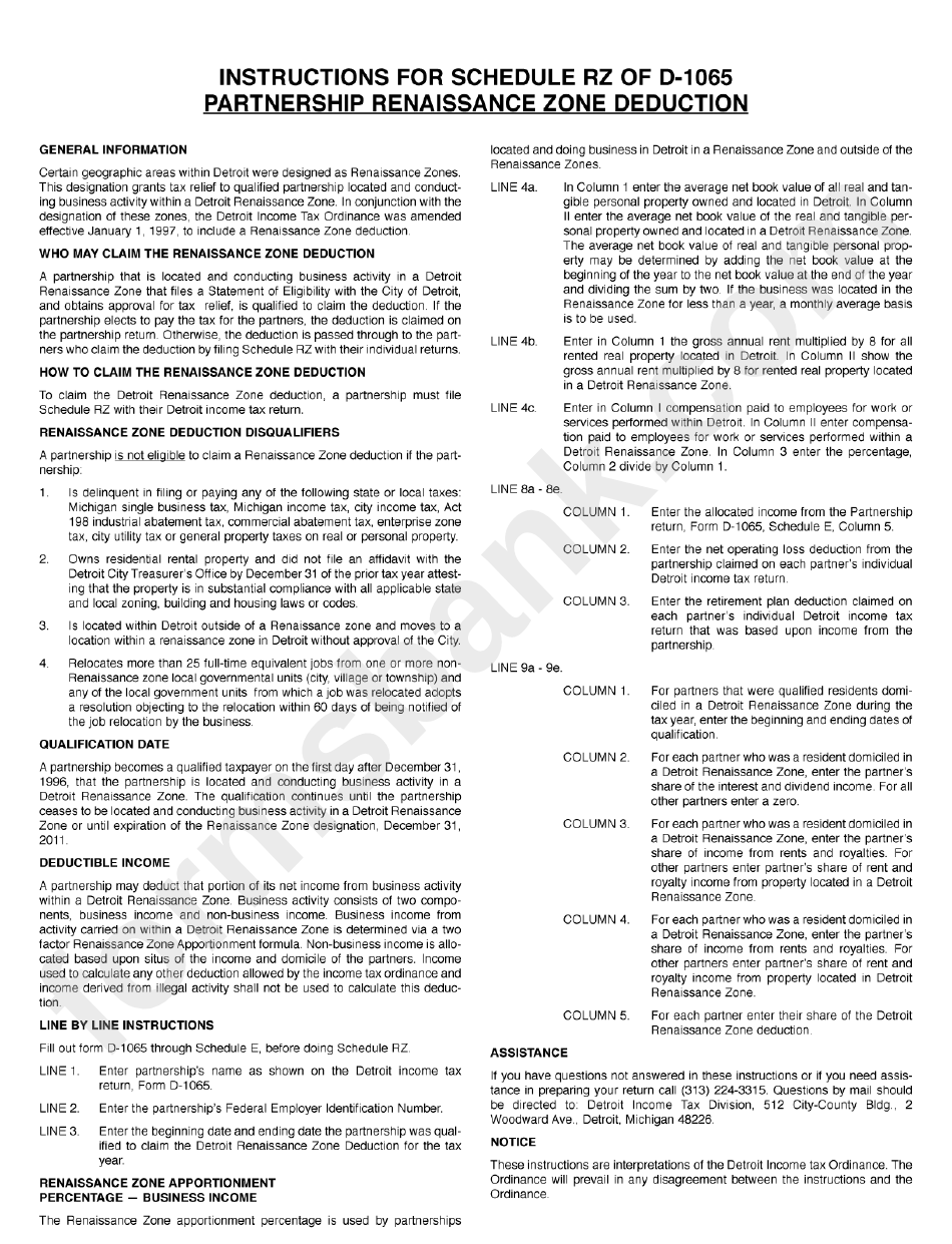 Instructions For Schedule Rz Of Form D-1065 - Partnership Renaissance Zone Deduction