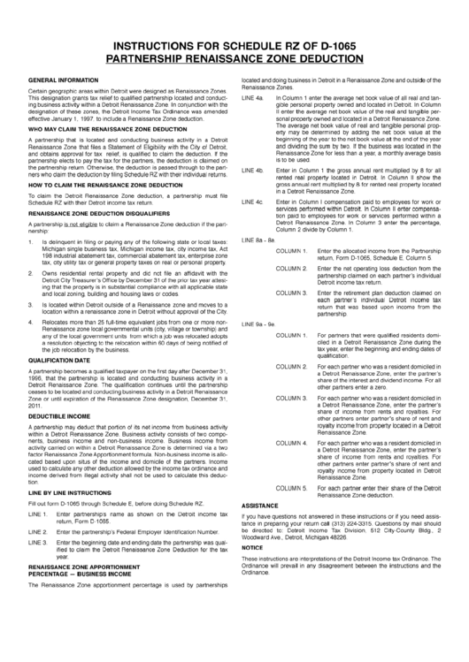 Instructions For Schedule Rz Of Form D-1065 - Partnership Renaissance Zone Deduction Printable pdf
