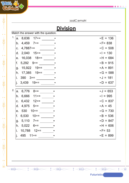 Division Match Up Exercise Worksheet With Answer Key Printable pdf
