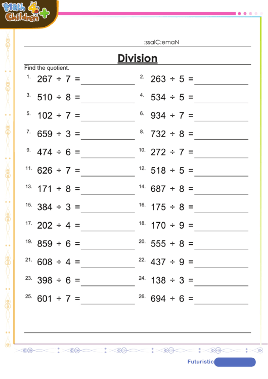 Divide 3 By 1 Digit Numbers Worksheet With Answer Key Printable pdf