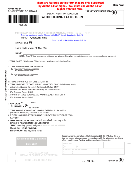 Fillable Form Hw-14 - Hawaii Withholding Tax Return Printable pdf