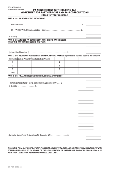 Rev-414 - Pa Nonresident Withholding Tax Worksheet For Partnerships And Pa S Corporations Printable pdf