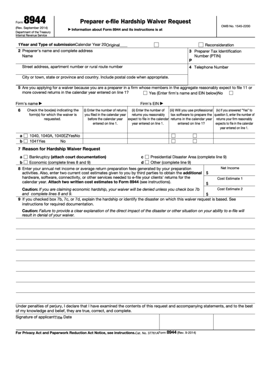 Fillable Form 8944 - Preparer E-File Hardship Waiver Request Printable pdf
