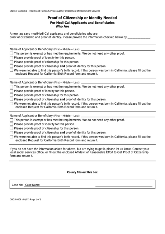 Fillable Form Dhcs 0006 - California Proof Of Citizenship Or Identity Needed - Health And Human Services Agency Printable pdf
