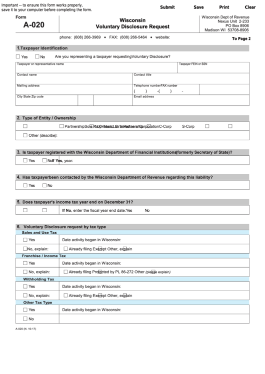 Form A-020 - Wisconsin Voluntary Disclosure Request printable pdf download