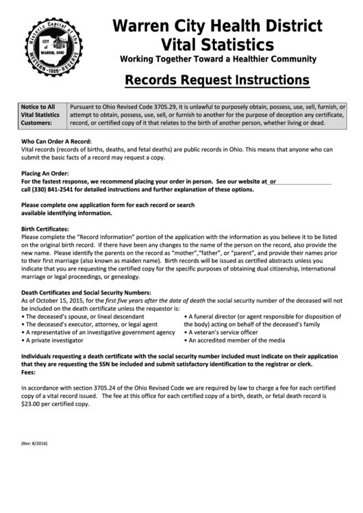 Application For Certified Copies - Warren City Health District Printable pdf
