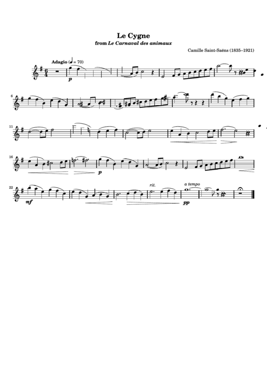 Le Cygne From Le Carnaval Des Animaux Flute Sheet Music Printable pdf