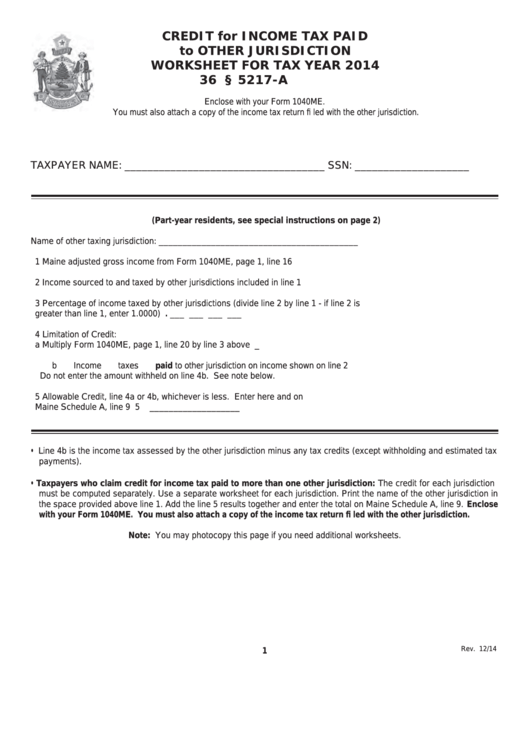 Fillable Maine Credit For Income Tax Paid To Other Jurisdiction Worksheet For Tax Year 2014 Printable pdf