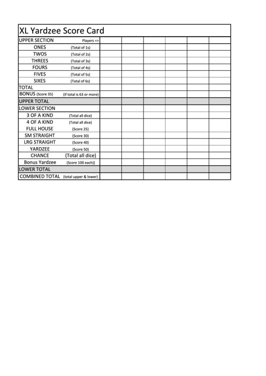 Yardzee Score Sheet