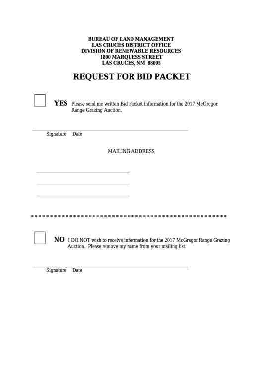 Request For Bid Packet - New Mexico Bureau Of Land Management Printable pdf