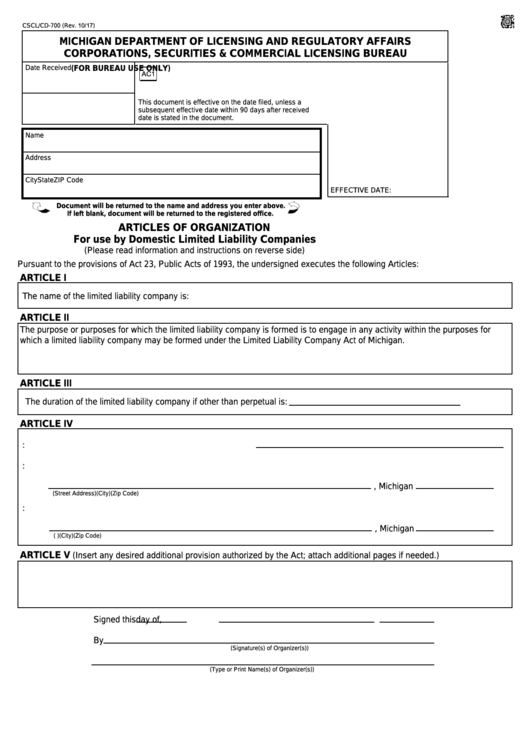 Form Cscl/cd-700 - Articles Of Organization For Use By Domestic Limited Liability Companies Printable pdf