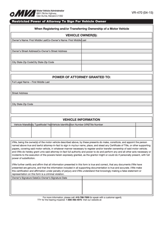 Fillable Form Vr-470 - Restricted Power Of Attorney To Sign For Vehicle Owner Printable pdf