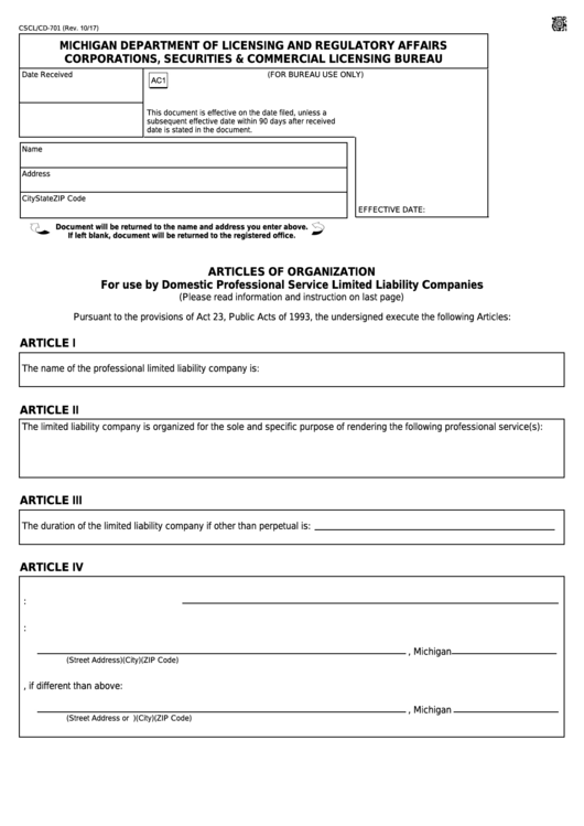 Form Cscl/cd-701 - Articles Of Organization For Use By Domestic Professional Service Limited Liability Companies Printable pdf