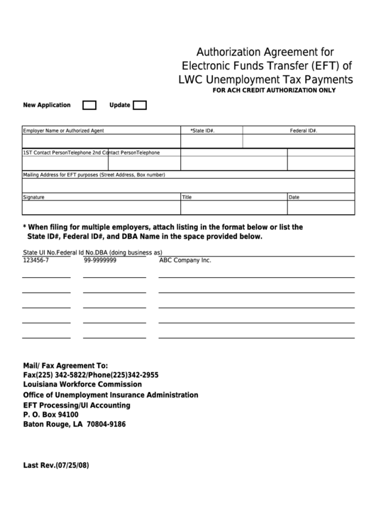 Fillable Authorization Agreement For Electronic Funds Transfer (Eft) Of Lwc Unemployment Tax Payments Form - Louisiana Workforce Commission Printable pdf