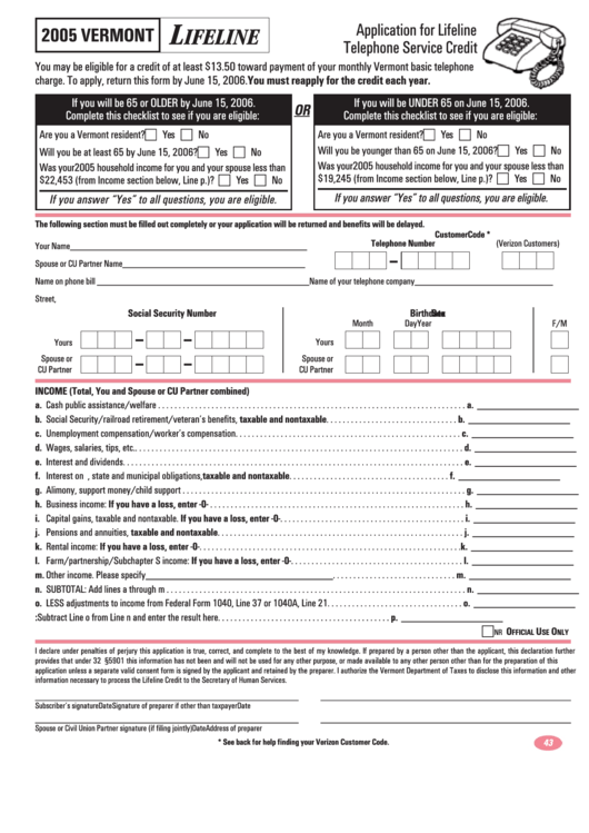 Application For Lifeline Telephone Service Credit - Vermont - 2005 Printable pdf