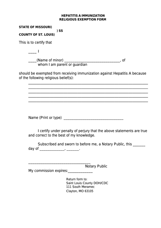 Hepatitis A Immunization Religious Exemption Form - Saint Louis County Doh/cdc Printable pdf