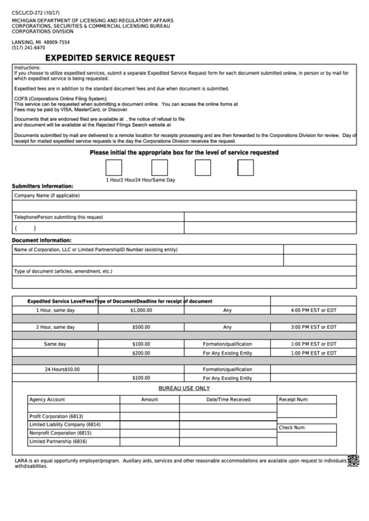 Fillable Form Cscl/cd-272 - Expedited Service Request Printable pdf