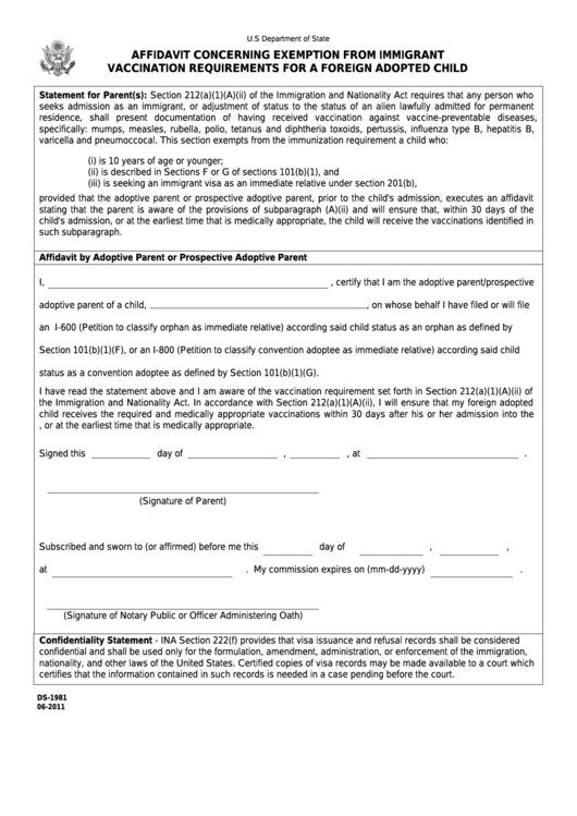 Fillable Form Ds-1981 - Affidavit Concerning Exemption From Immigrant Vaccination Requirements For A Foreign Adopted Child Printable pdf