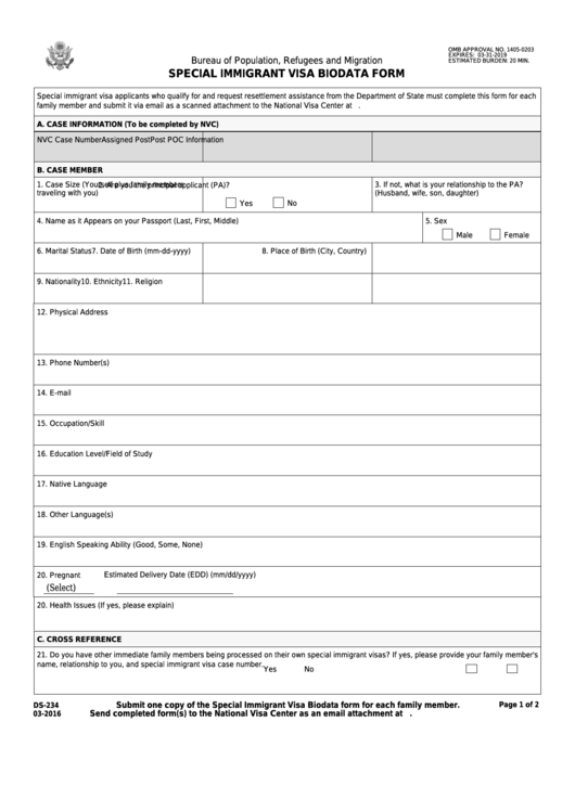 Fillable Form Ds-234 - Special Immigrant Visa Biodata Form Printable pdf