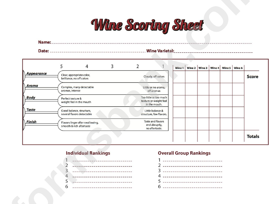 Wine Scoring Sheet Printable Pdf Download