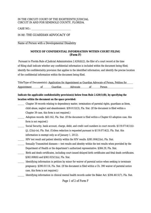 Form F - Notice Of Confidential Information Within Court Filing - Seminole County Printable pdf