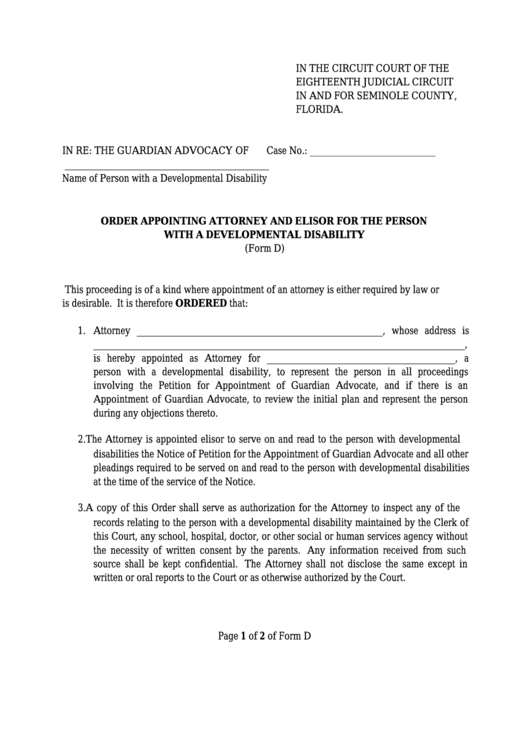 Form D - Order Appointing Attorney And Elisor For The Person With A Developmental Disability - Seminole County Printable pdf