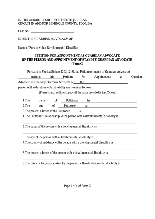 Form C - Petition For Appointment As Guardian Advocate Of The Person And Appointment Of Standby Guardian Advocate - Seminole County Printable pdf