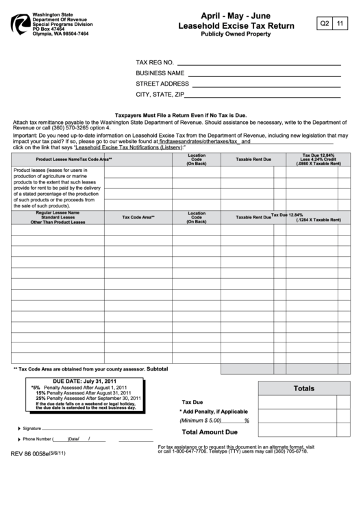 Form Rev 86 - Washington April May June Leasehold Excise Tax Return Printable pdf
