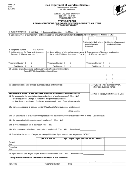 Form Dws-U1 - Status Report - Utah Department Of Workforce Services Printable pdf