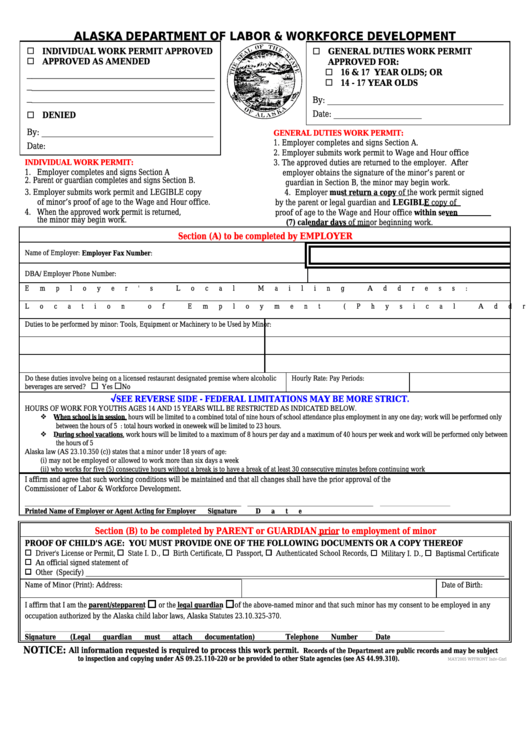 Work Permit Form - Alaska Department Of Labor And Workforce Development Printable pdf