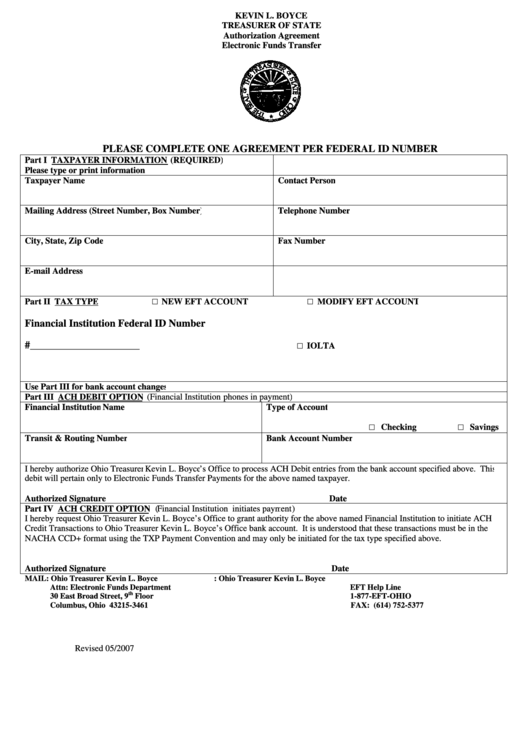 Authorization Agreement Electronic Funds Transfer Form Printable pdf