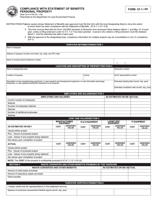 Fillable Form Cf-1/pp (State Form 51765) - Compliance With Statement Of Benefits Personal Property Printable pdf