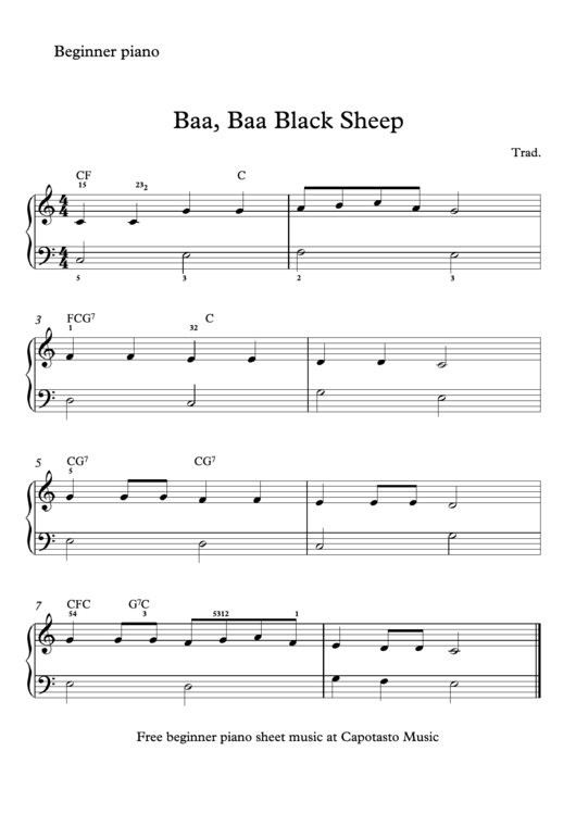 Baa, Baa Black Sheep Beginner Piano Sheet Music Printable pdf