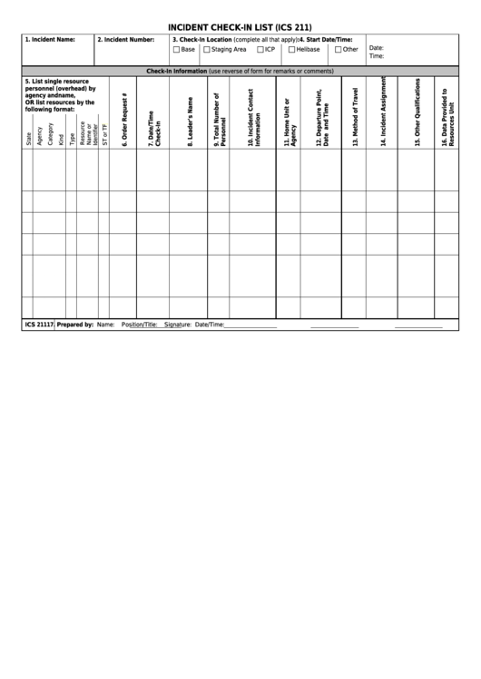 Fillable Ics Form 211 - Incident Check-In List Printable pdf