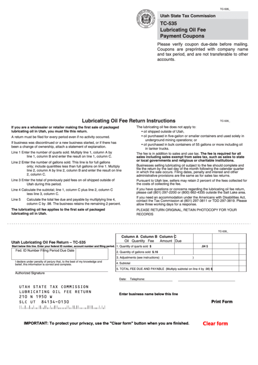 Fillable Form Tc-535 - Lubricating Oil Fee Payment Coupons Printable pdf