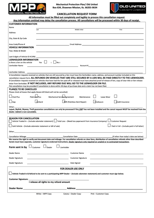 Cancellation Request Form Printable pdf