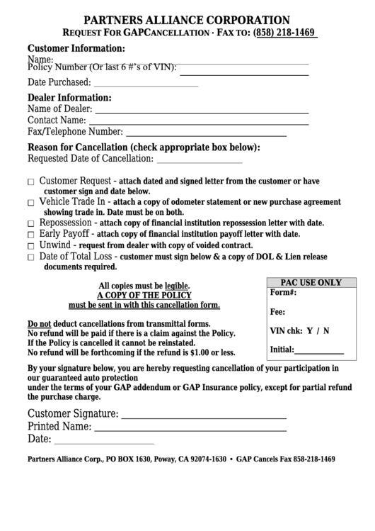 Fillable Request For Gap Cancellation Form Printable pdf