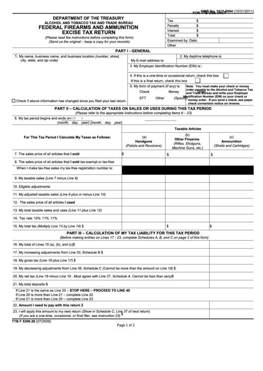 Fillable Form Ttb F 5300.26 - Federal Firearms And Ammunition Exise Tax Return - 2009 Printable pdf