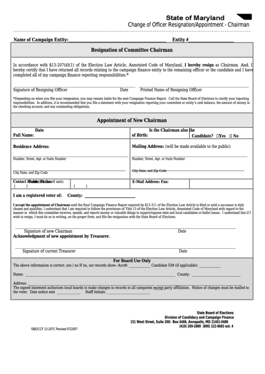 Change Of Officer Resignation/appointment-Chairman Form Printable pdf