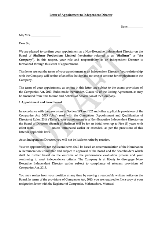 Draft Letter Of Appointment To Independent Director Printable pdf