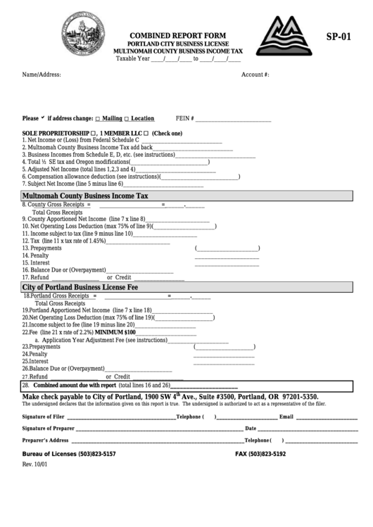 Form Sp-01 - Combined Report Form - 2001 Printable pdf