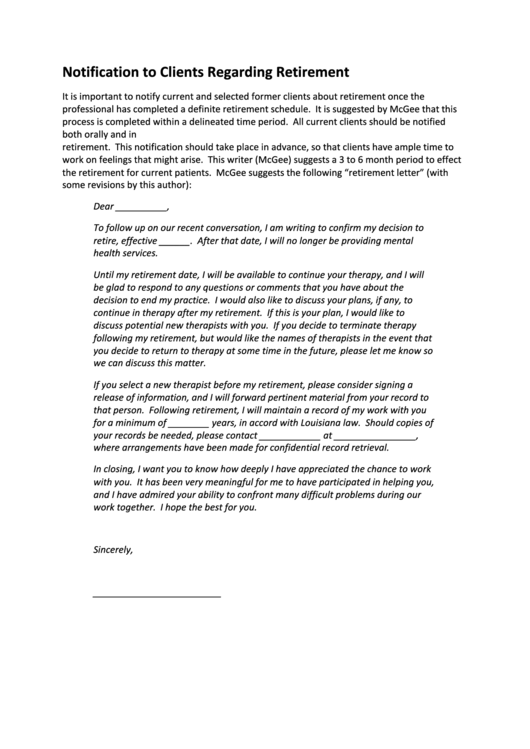 Notification To Clients Regarding Retirement Letter Printable pdf