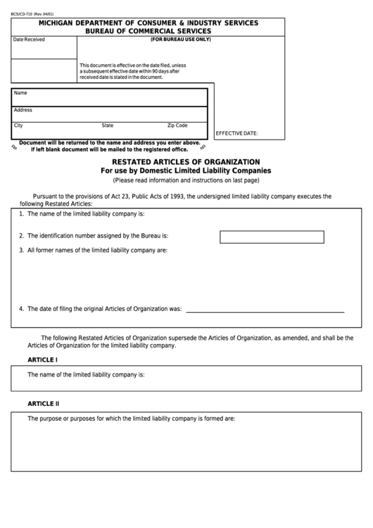Fillable Form Bcs/cd-710 - Restated Articles Of Organization For Use By Domestic Limited Liability Companies Printable pdf