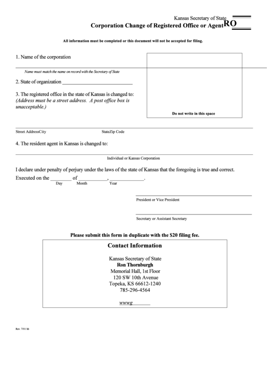 Form Ro - Corporation Change Of Registered Office Or Agent Printable pdf