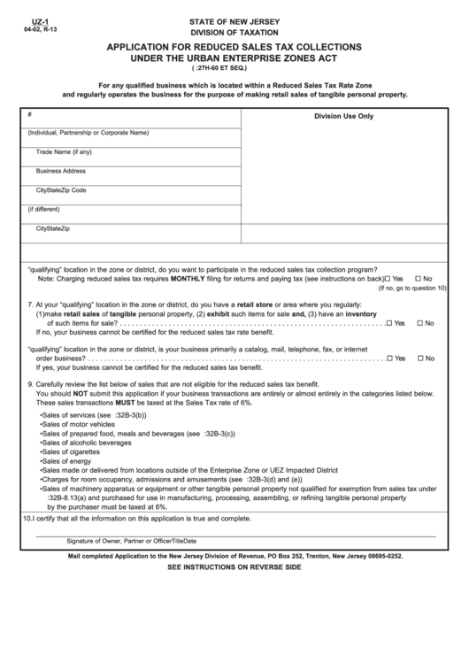 Fillable Form Uz-1 - Application For Reduced Sales Tax Collections Under The Urban Enterprise Zones Act Printable pdf