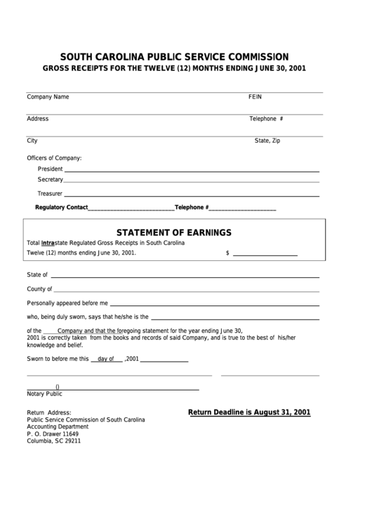 Gross Receipts For The Twelve (12) Months Ending June 30, 2011 Form - South Carolina Public Service Commission Printable pdf