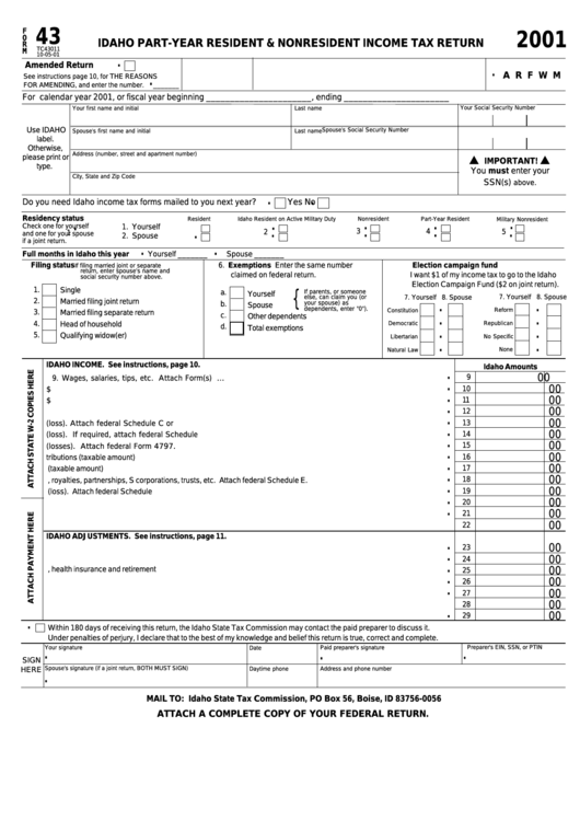 Form 43 (State Form Tc43011) - Idaho Part-Year Resident And Nonresident Income Tax Return - 2001 Printable pdf