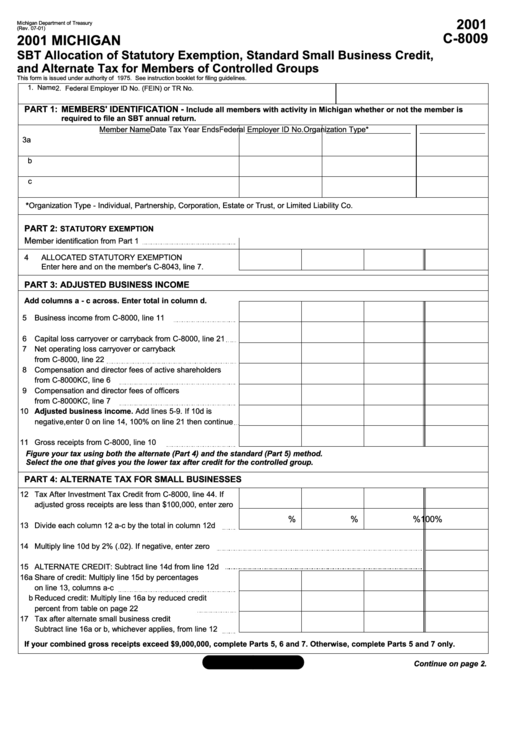 Form C-8009 - Michigan Sbt Allocation Of Statutory Exemption, Standard Small Business Credit, And Alternate Tax For Members Of Controlled Groups - 2001 Printable pdf